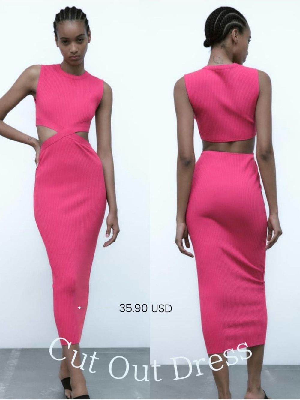 Zara • Women’s Fuscia Pink Side Cut-Out Ribbed Bodycon Midi Dress Small NEW